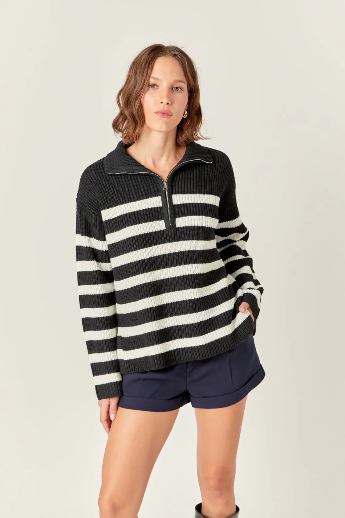english_factory__striped__3-35.webp ENGLISH FACTORY Sweaters & Knits | Tops*- Striped Half-Zip Knitted Sweater BLACK/WHITE
