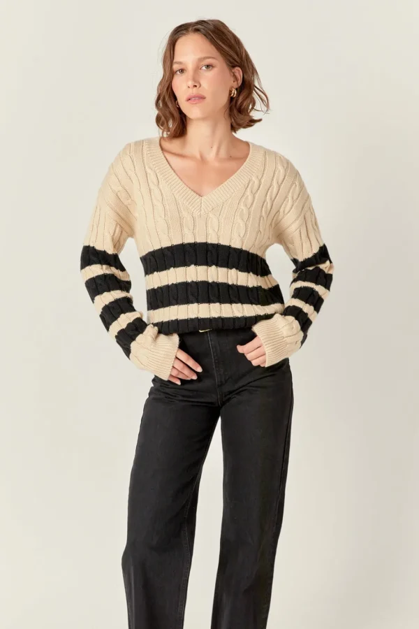 ENGLISH FACTORY Sweaters & Knits | Tops*- Striped Cable Knit Sweater BEIGE/BLACK