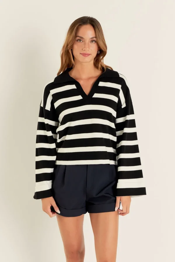 ENGLISH FACTORY Sweaters & Knits | Tops*- Striped Collared Cropped Sweater BLACK/WHITE