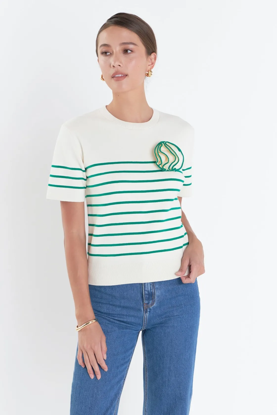english_factory__striped__3-39.webp ENGLISH FACTORY Sweaters & Knits | Tops*- Striped Knit Sweater with Flower Applique IVORY/GREEN