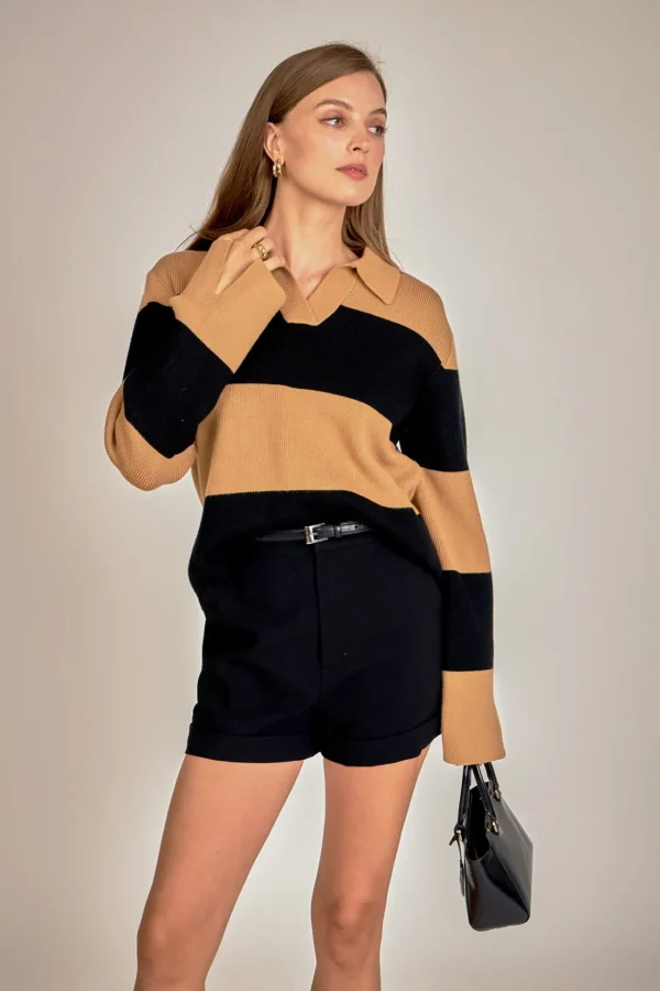 ENGLISH FACTORY Sweaters & Knits | Matching Sets*- Striped Collared Knit Sweater CAMEL/BLACK