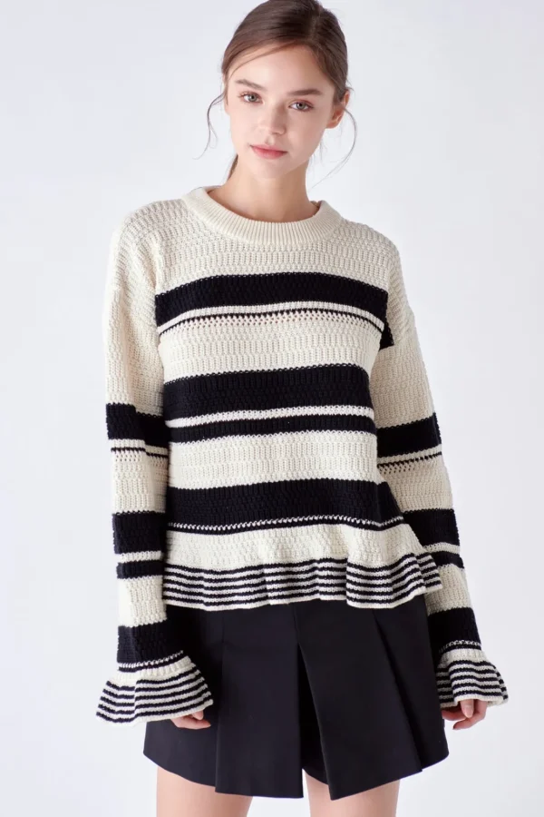 ENGLISH FACTORY Sweaters & Knits | Tops*- Striped Knit Sweater With Ruffles IVORY/BLACK