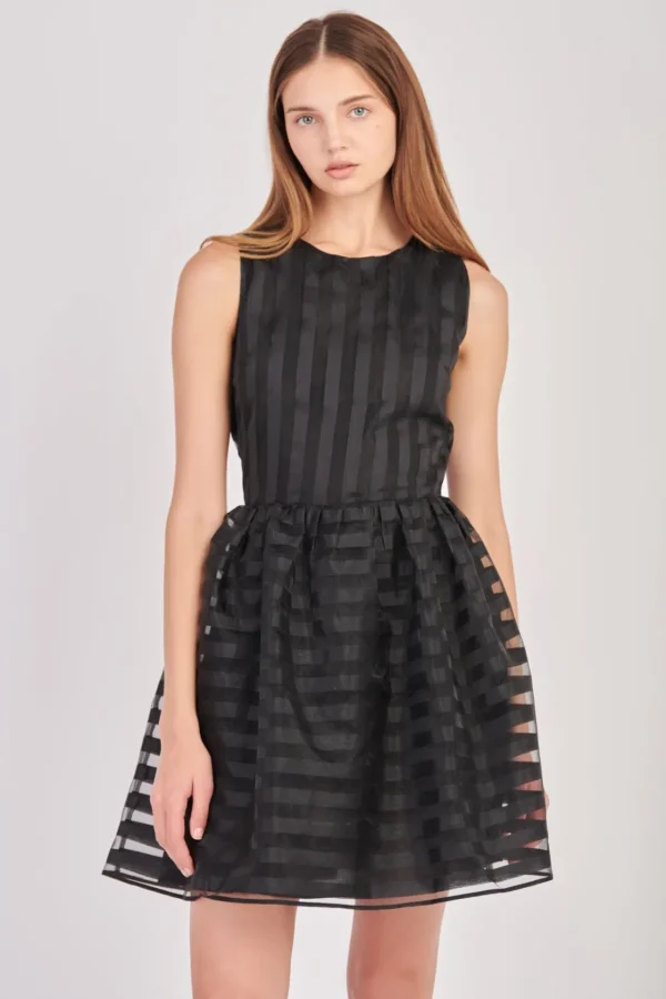 ENGLISH FACTORY Organza | Tops*- Striped Organza Sleeveless Mini Dress BLACK