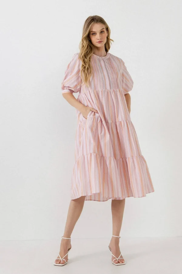 ENGLISH FACTORY Boho Dresses | Tops*- Striped Midi Dress in Orange ORANGEMULTI