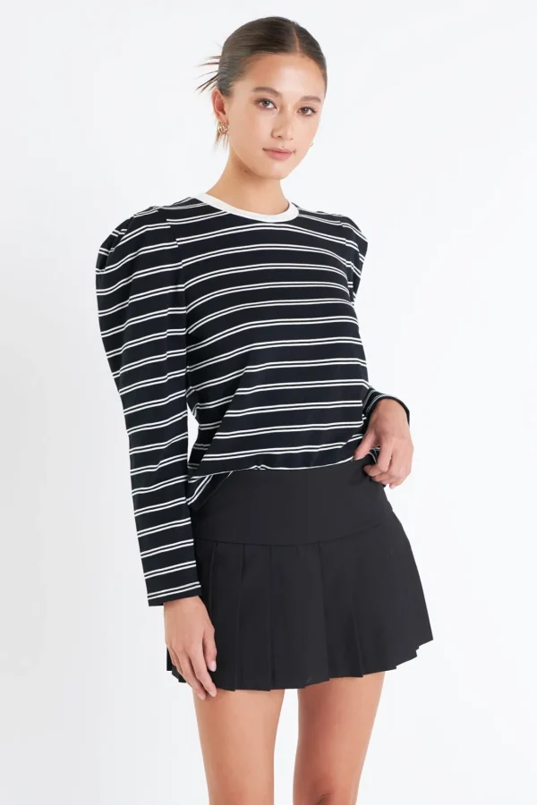 ENGLISH FACTORY Tops*- Striped Puff Sleeves Top BLACK/OFFWHITE