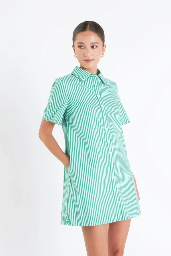 ENGLISH FACTORY Tops*- Striped Binded Wide Sleeve Mini Dress KELLYGREEN