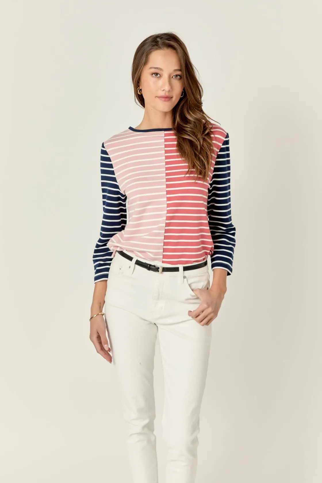 english_factory__striped__3-8.webp ENGLISH FACTORY Tops*- Striped Color Blocked 3/4 Length Sleeve Tee MULTI