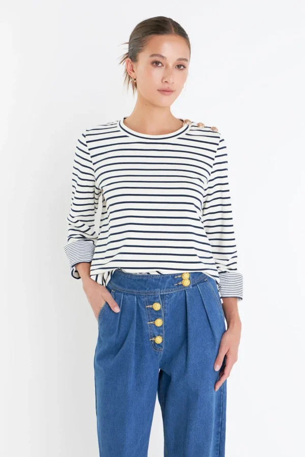 ENGLISH FACTORY Tops*- Striped Breton Tee with Fold Over Combo Cuff OFFWHITE/NAVY