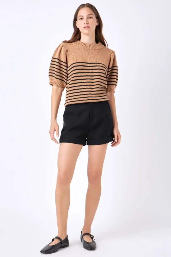 ENGLISH FACTORY Sweaters & Knits | Tops*- Striped Short Puff Sleeve Sweater with Buttons