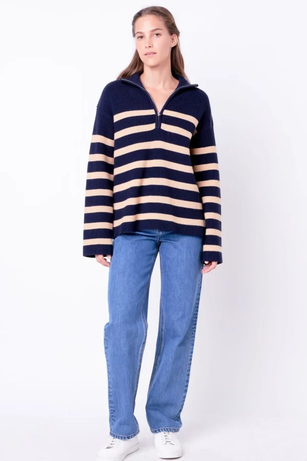 ENGLISH FACTORY Sweaters & Knits | Tops*- Striped Half-Zip Relaxed Sweater