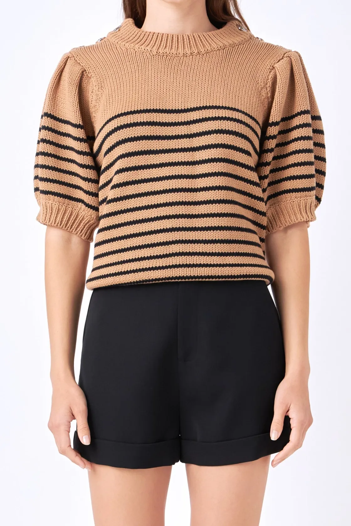 english_factory__striped__5-3.webp ENGLISH FACTORY Sweaters & Knits | Tops*- Striped Short Puff Sleeve Sweater with Buttons