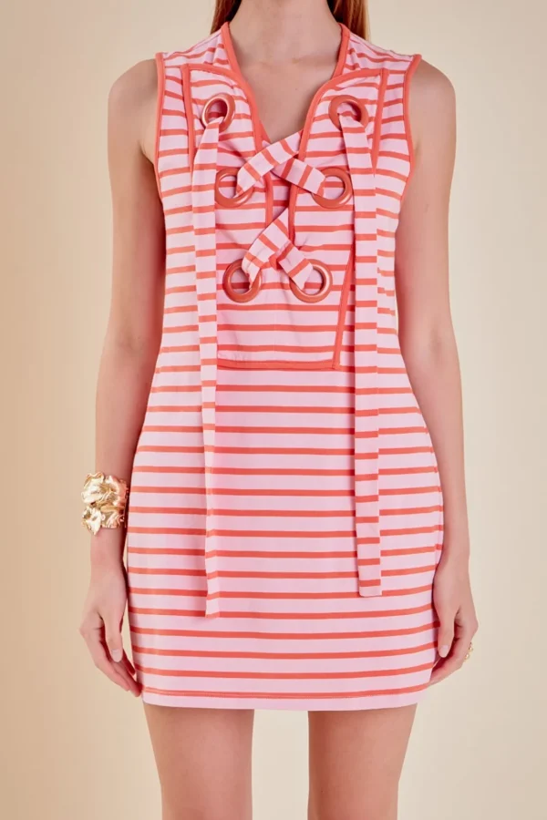 ENGLISH FACTORY Lace Dresses | White Dresses*- Striped Knit Lace Up Dress