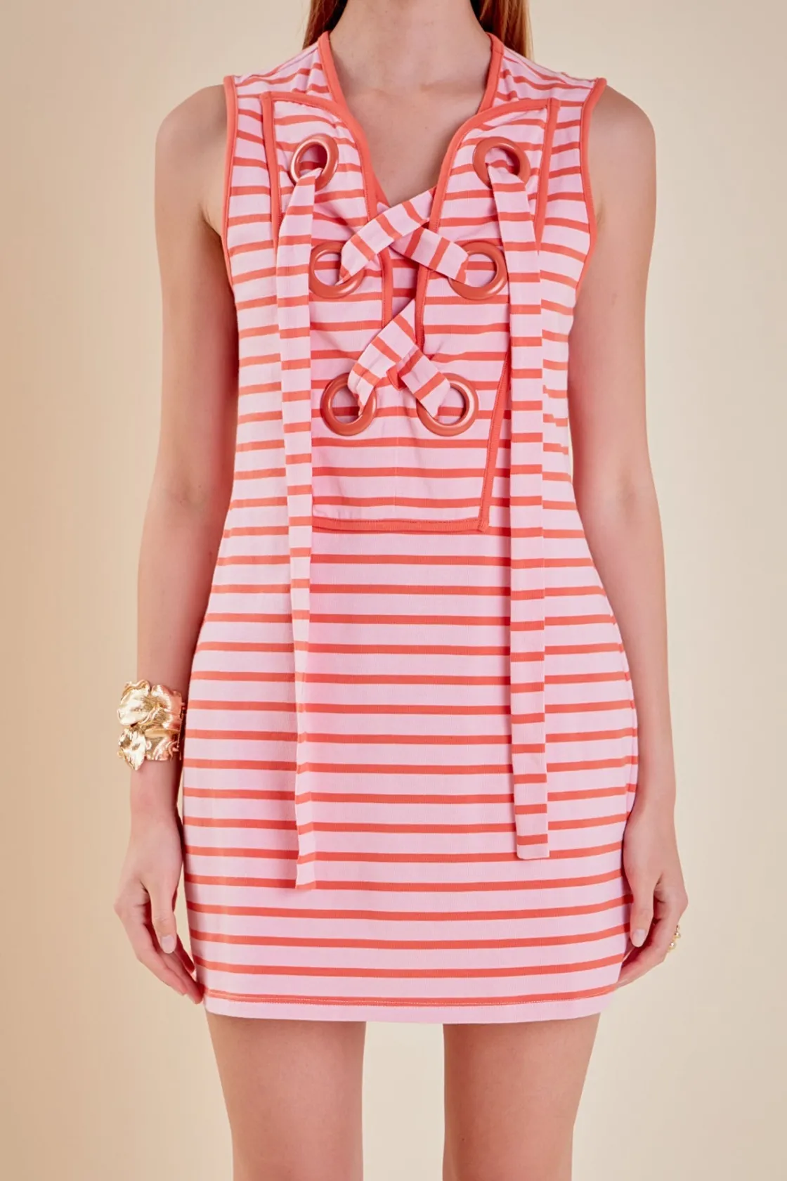 english_factory__striped__5-7.webp ENGLISH FACTORY Lace Dresses | White Dresses*- Striped Knit Lace Up Dress