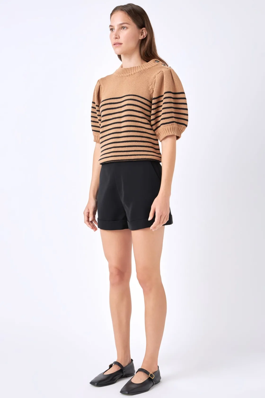 english_factory__striped__6-3.webp ENGLISH FACTORY Sweaters & Knits | Tops*- Striped Short Puff Sleeve Sweater with Buttons