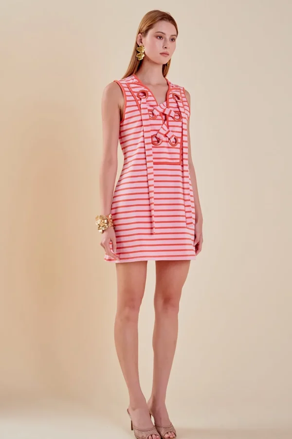 ENGLISH FACTORY Lace Dresses | White Dresses*- Striped Knit Lace Up Dress