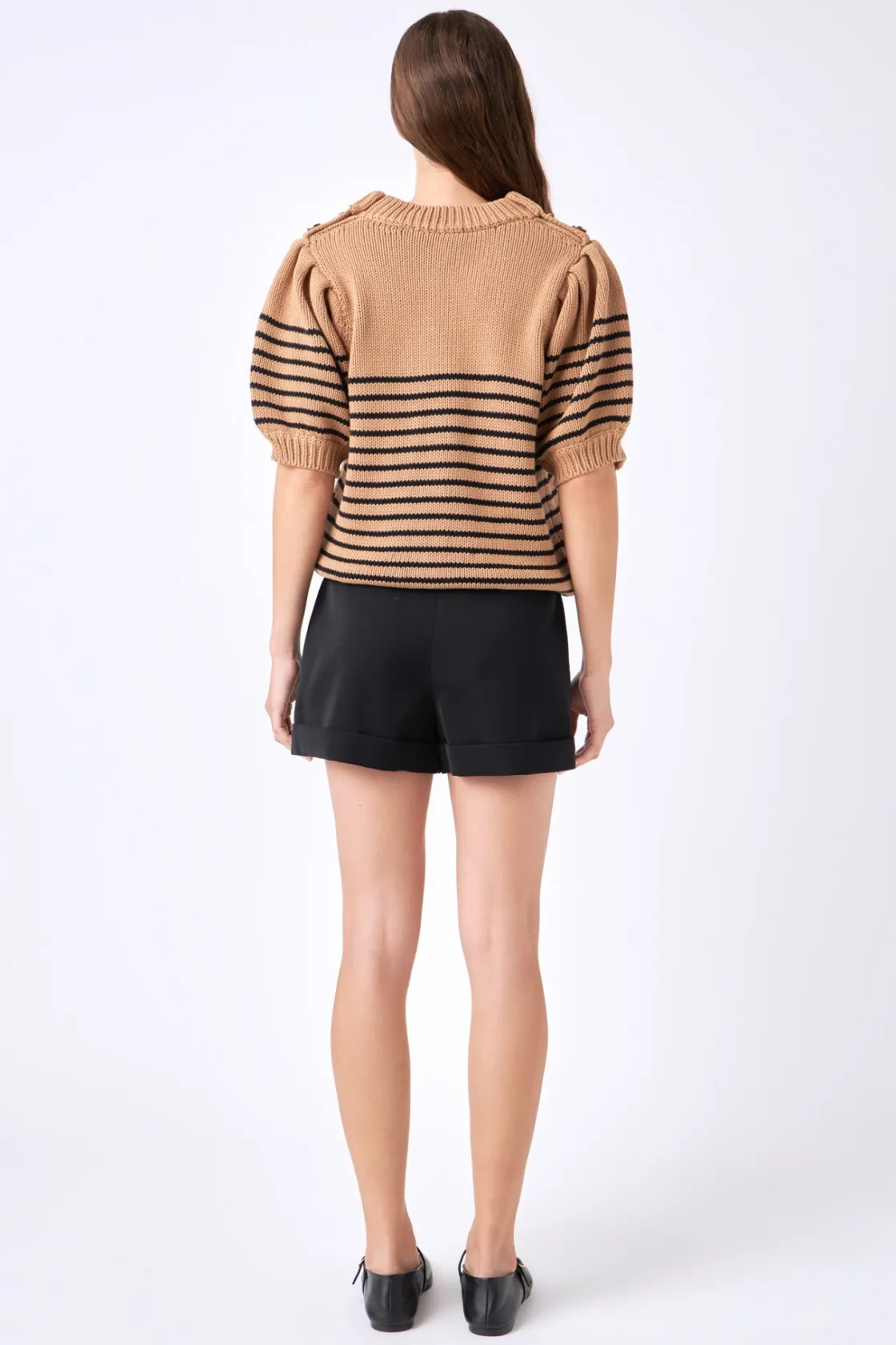 english_factory__striped__7-3.webp ENGLISH FACTORY Sweaters & Knits | Tops*- Striped Short Puff Sleeve Sweater with Buttons