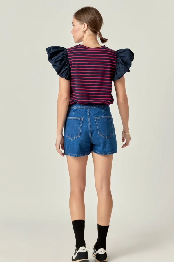 ENGLISH FACTORY Tops*- Striped Knit with Poplin Puff Sleeve Top