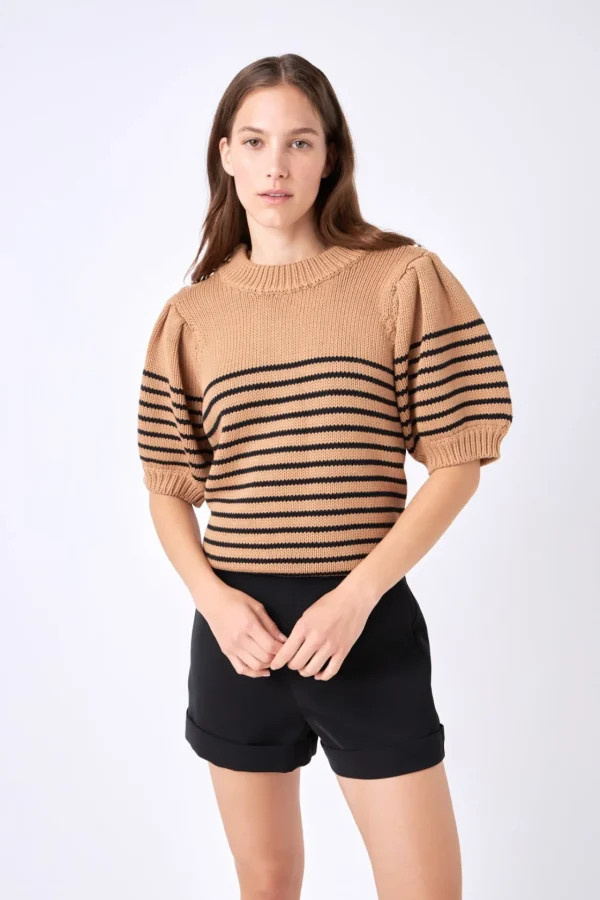 ENGLISH FACTORY Sweaters & Knits | Tops*- Striped Short Puff Sleeve Sweater with Buttons