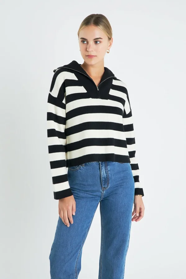 ENGLISH FACTORY Sweaters & Knits | Tops*- Striped Half-Zip Sweater