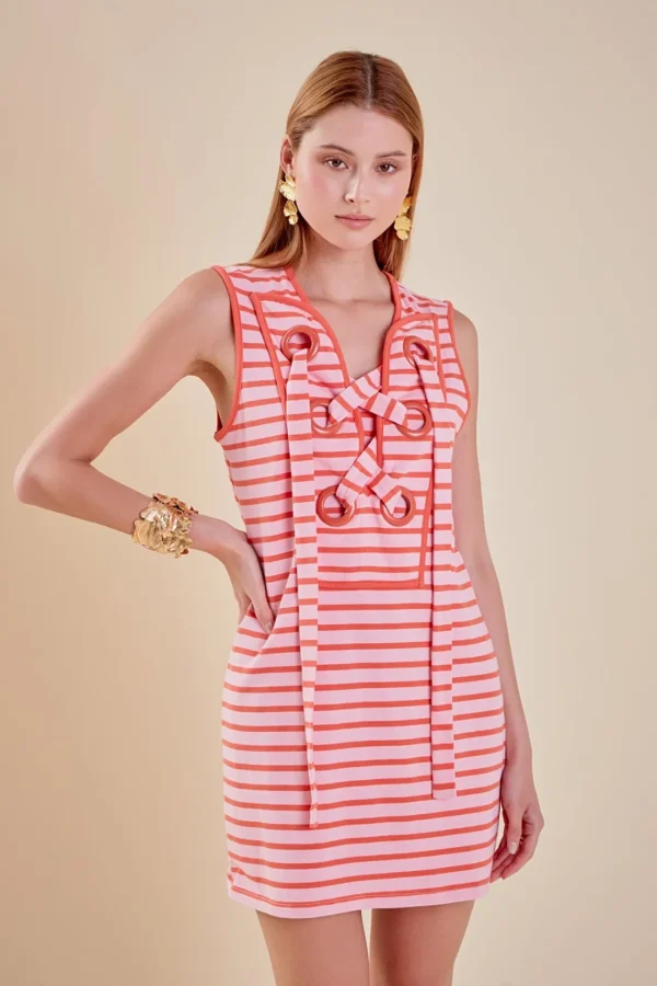 ENGLISH FACTORY Lace Dresses | White Dresses*- Striped Knit Lace Up Dress