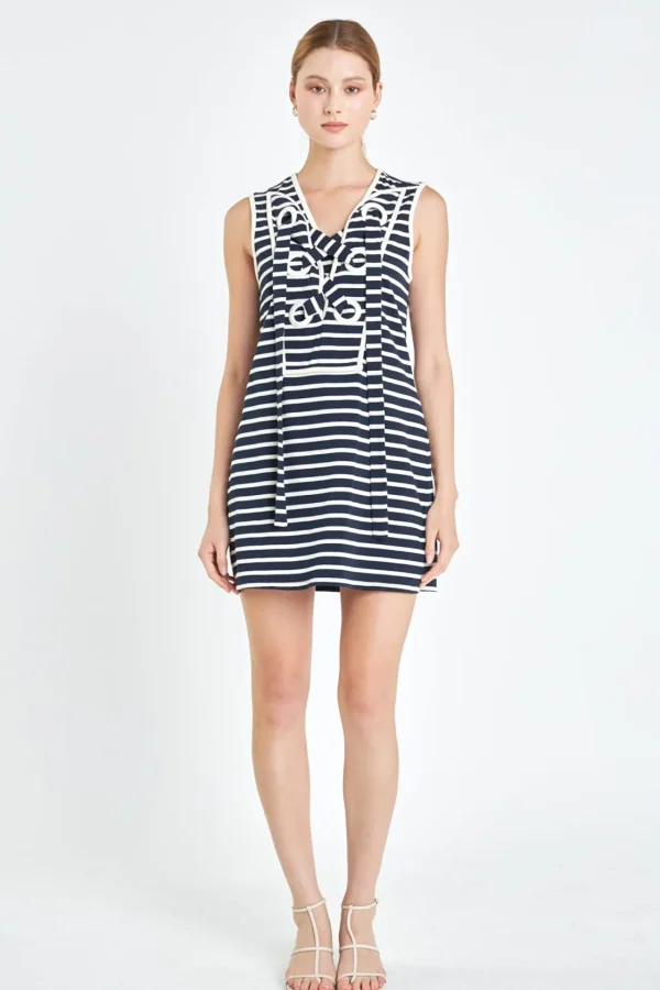 ENGLISH FACTORY Lace Dresses | White Dresses*- Striped Knit Lace Up Dress