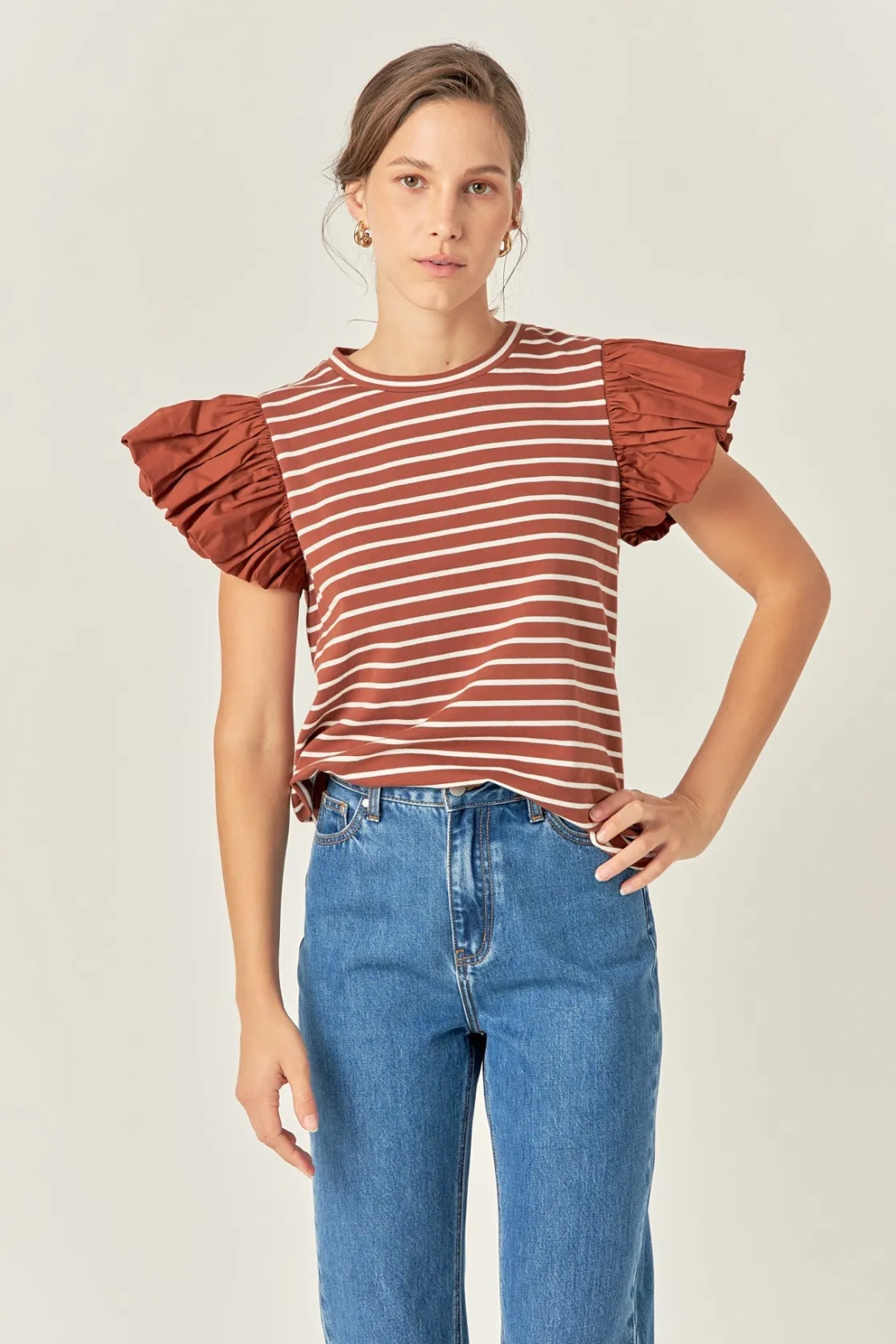english_factory__striped__9.webp ENGLISH FACTORY Tops*- Striped Knit with Poplin Puff Sleeve Top