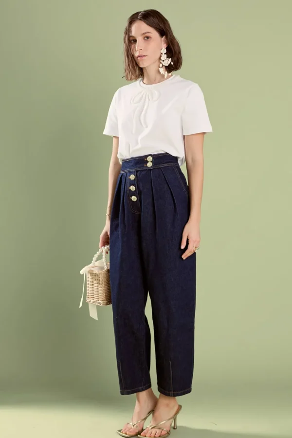 ENGLISH FACTORY Pants | Tops*- Susie Cropped Denim Trousers NAVY