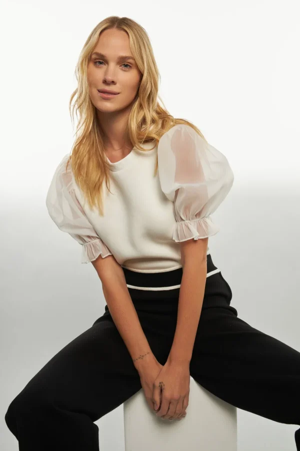 ENGLISH FACTORY Tops*- Sweatshirts with Sheer Short Sleeves WHITE