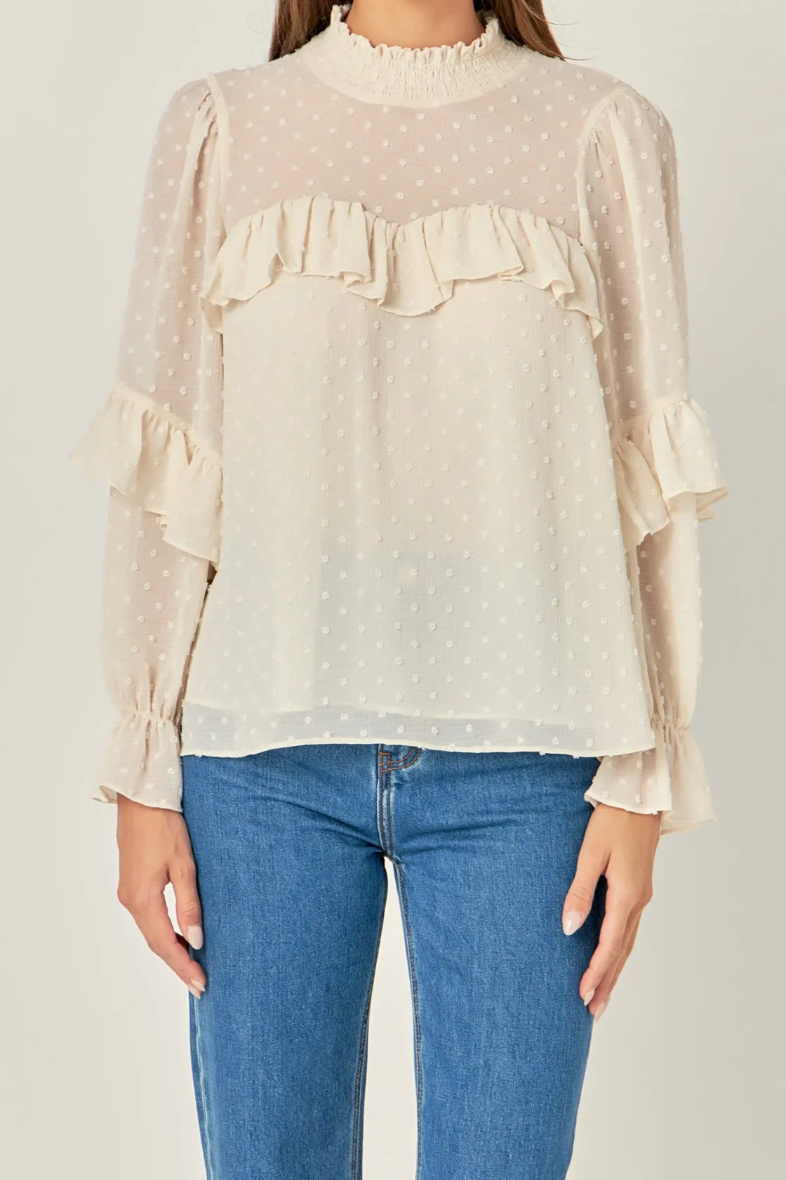 english_factory__swiss_do_0.webp ENGLISH FACTORY Shirts & Blouses | Tops*- Swiss Dot Chiffon Ruffle Blouse IVORY
