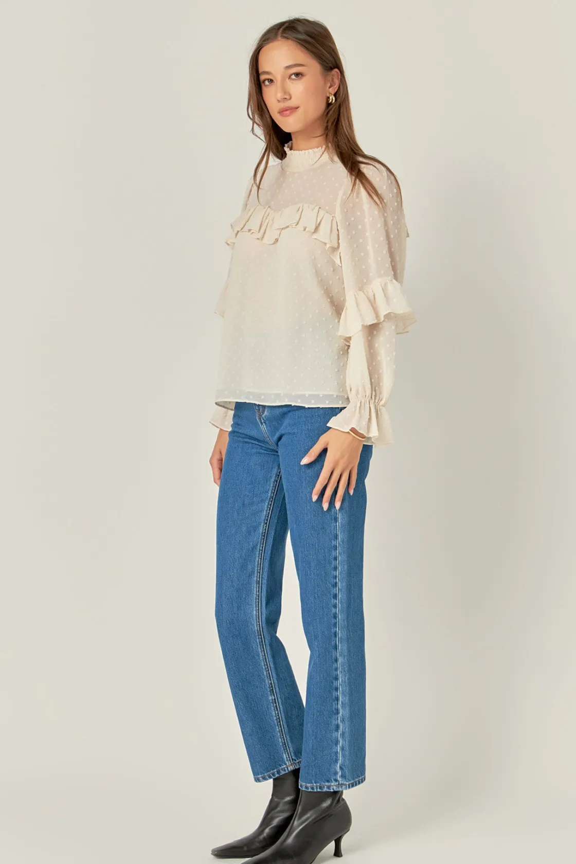 english_factory__swiss_do_1.webp ENGLISH FACTORY Shirts & Blouses | Tops*- Swiss Dot Chiffon Ruffle Blouse IVORY