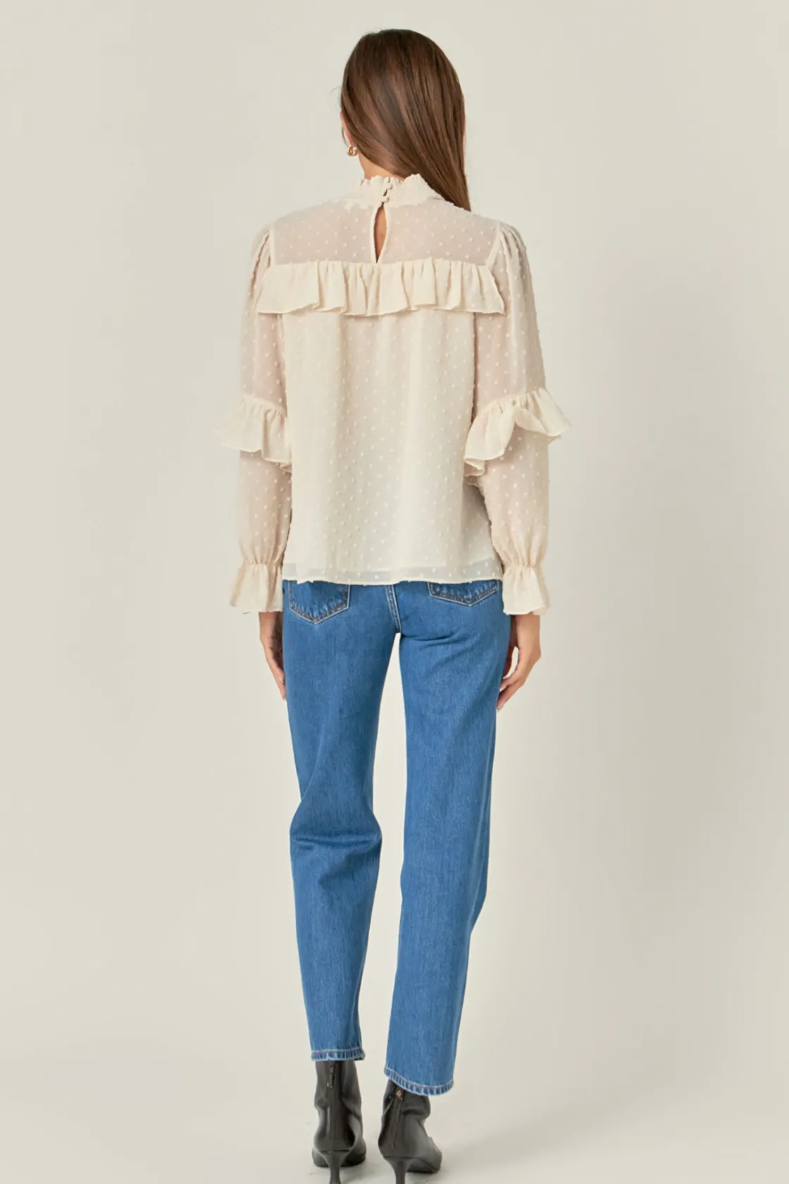 english_factory__swiss_do_2.webp ENGLISH FACTORY Shirts & Blouses | Tops*- Swiss Dot Chiffon Ruffle Blouse IVORY