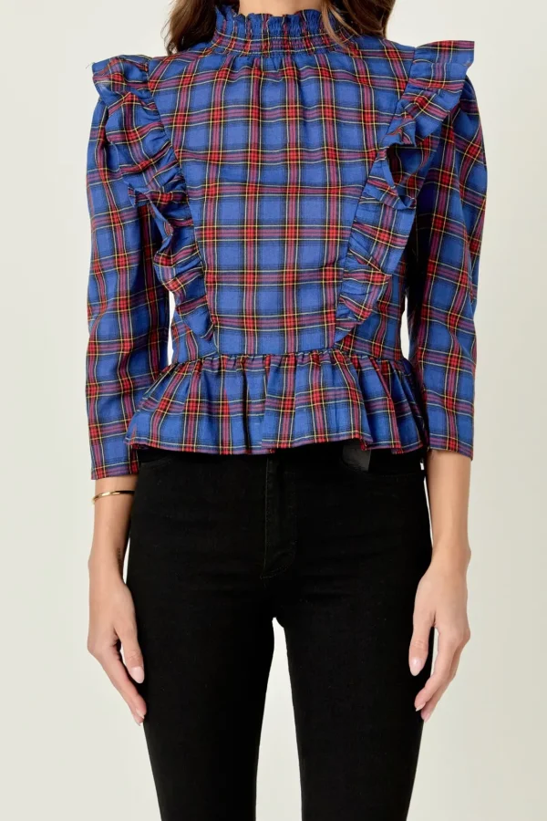 ENGLISH FACTORY Shirts & Blouses | Tops*- Tartan Blouse w/ Ruffles NAVYMULTI