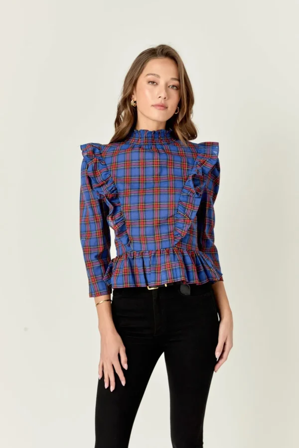 ENGLISH FACTORY Shirts & Blouses | Tops*- Tartan Blouse w/ Ruffles NAVYMULTI
