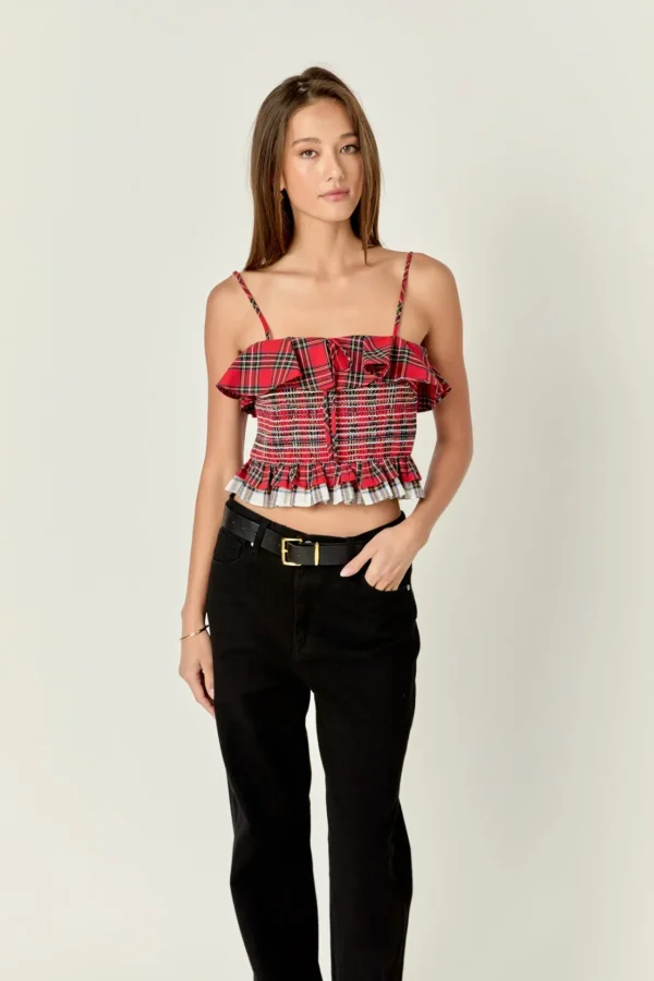 ENGLISH FACTORY Tops*- Tartan Check Tank Top SCARLET