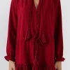 ENGLISH FACTORY Boho Dresses*- Tassel Trim Dress With Ruffle At Hem BURGUNDY