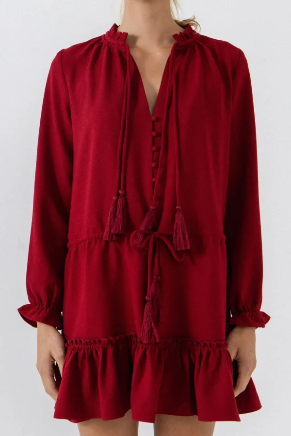 ENGLISH FACTORY Boho Dresses*- Tassel Trim Dress With Ruffle At Hem BURGUNDY