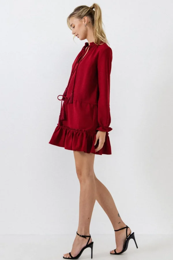 ENGLISH FACTORY Boho Dresses*- Tassel Trim Dress With Ruffle At Hem BURGUNDY