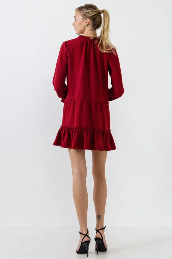 ENGLISH FACTORY Boho Dresses*- Tassel Trim Dress With Ruffle At Hem BURGUNDY
