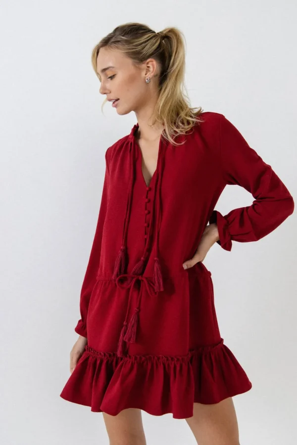 ENGLISH FACTORY Boho Dresses*- Tassel Trim Dress With Ruffle At Hem BURGUNDY