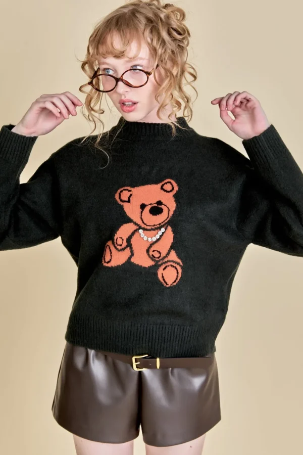 ENGLISH FACTORY Tops*- Teddy Bear Logo Knit DARKGREEN