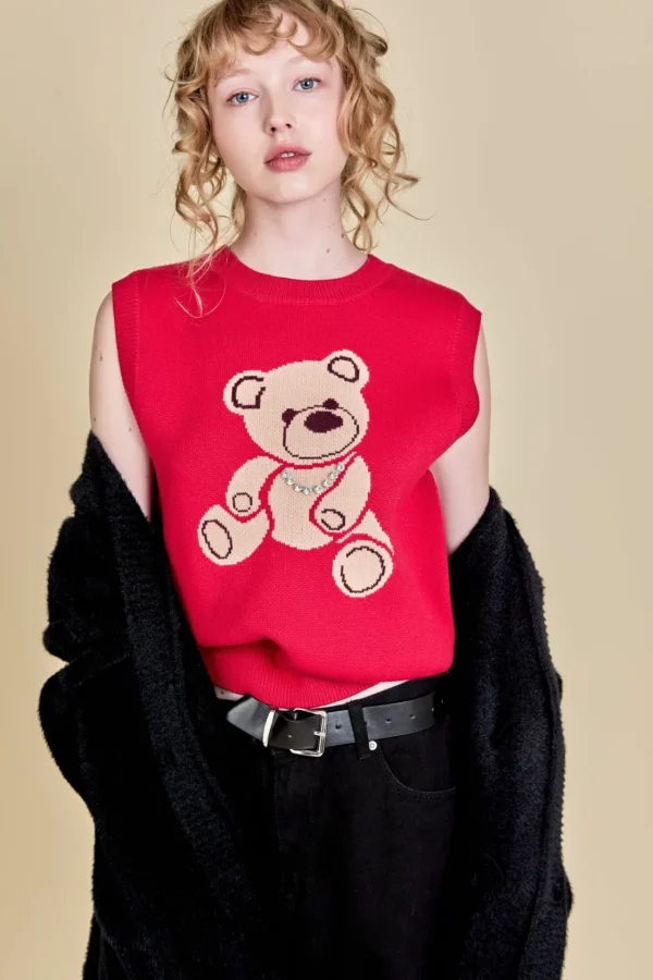 ENGLISH FACTORY Tops*- Teddy Bear Knit Vest CRANBERRY