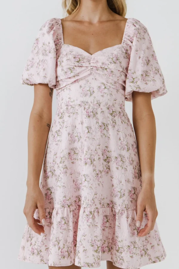 ENGLISH FACTORY Puff Sleeve | Floral Dresses*- Textured Floral Mini Dress PINK