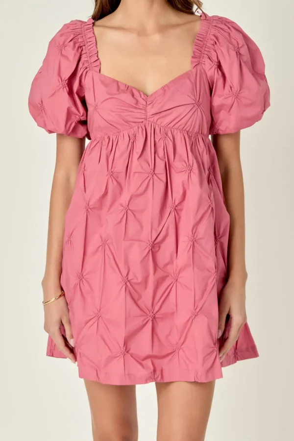ENGLISH FACTORY Puff Sleeve | Tops*- Textured Babydoll Mini Dress MAUVE