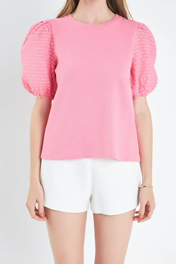 ENGLISH FACTORY Tops*- Textured Sleeve T-Shirt PINK