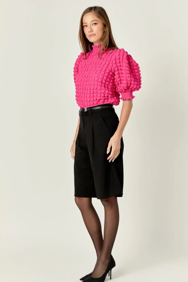 ENGLISH FACTORY Tops*- Textured Mock Neck Short Sleeve Blouse