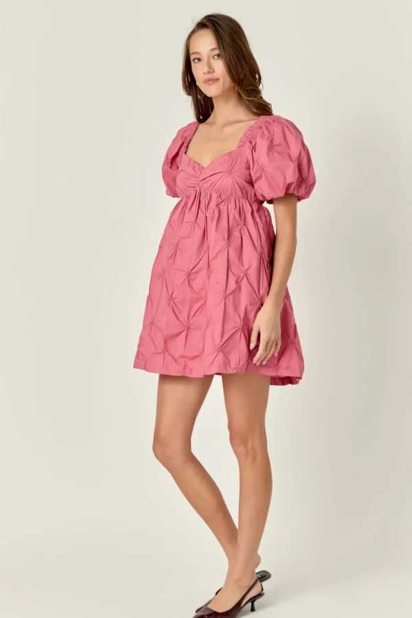 ENGLISH FACTORY Puff Sleeve | Tops*- Textured Babydoll Mini Dress MAUVE