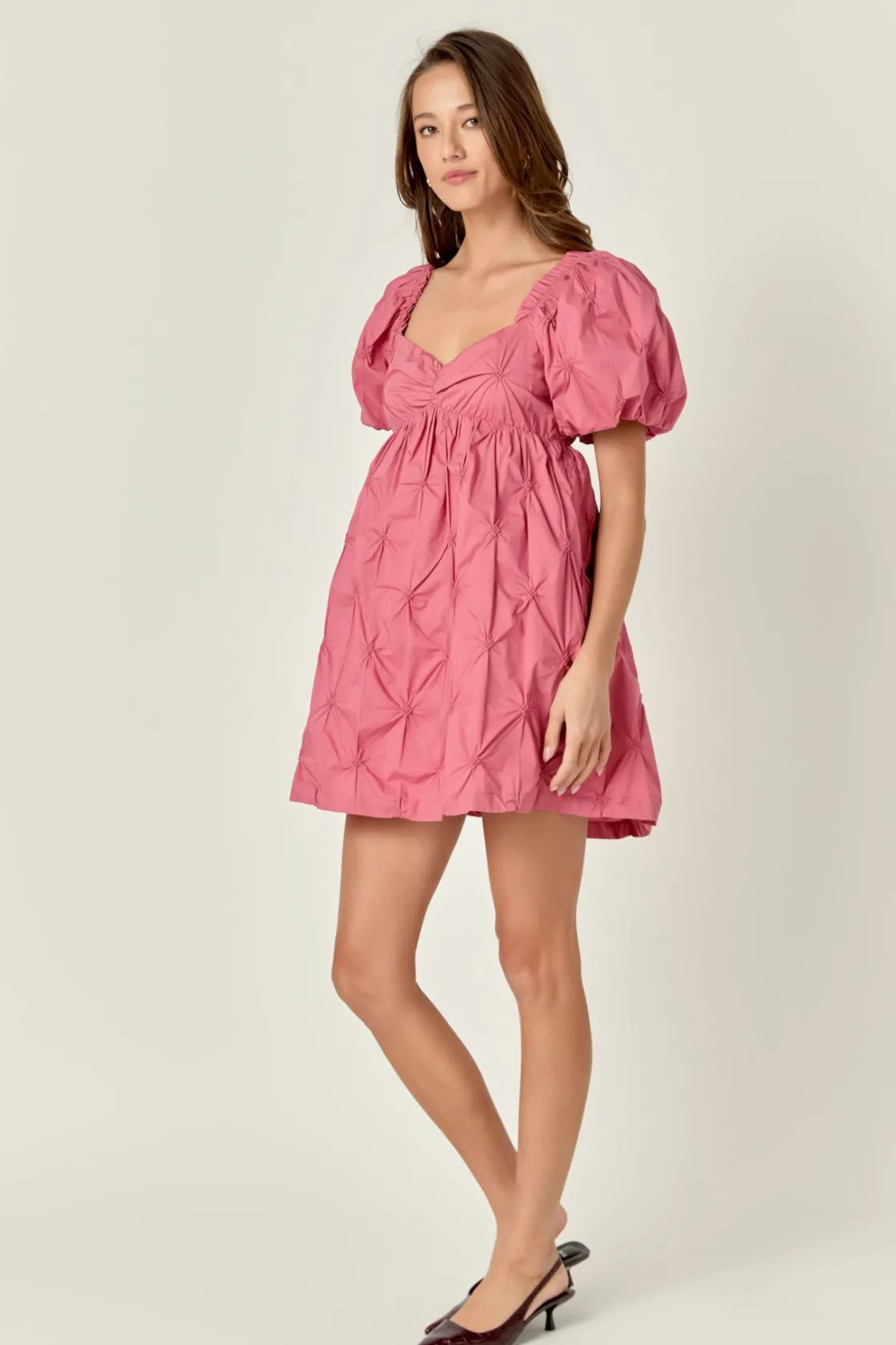 english_factory__textured_1-15.webp ENGLISH FACTORY Puff Sleeve | Tops*- Textured Babydoll Mini Dress MAUVE