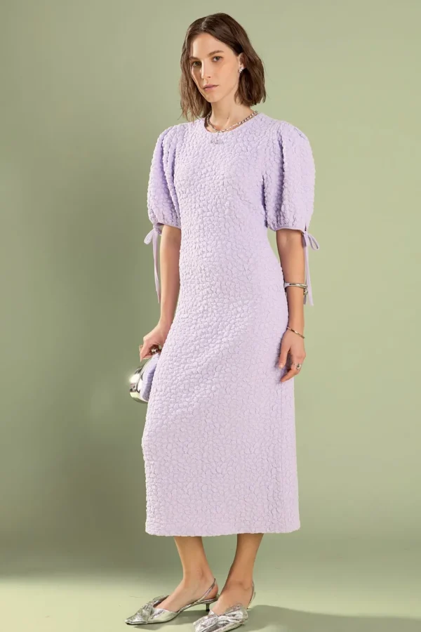 ENGLISH FACTORY Puff Sleeve | Tops*- Textured Fabric Smocked Midi Dress