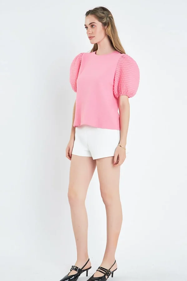 ENGLISH FACTORY Tops*- Textured Sleeve T-Shirt PINK