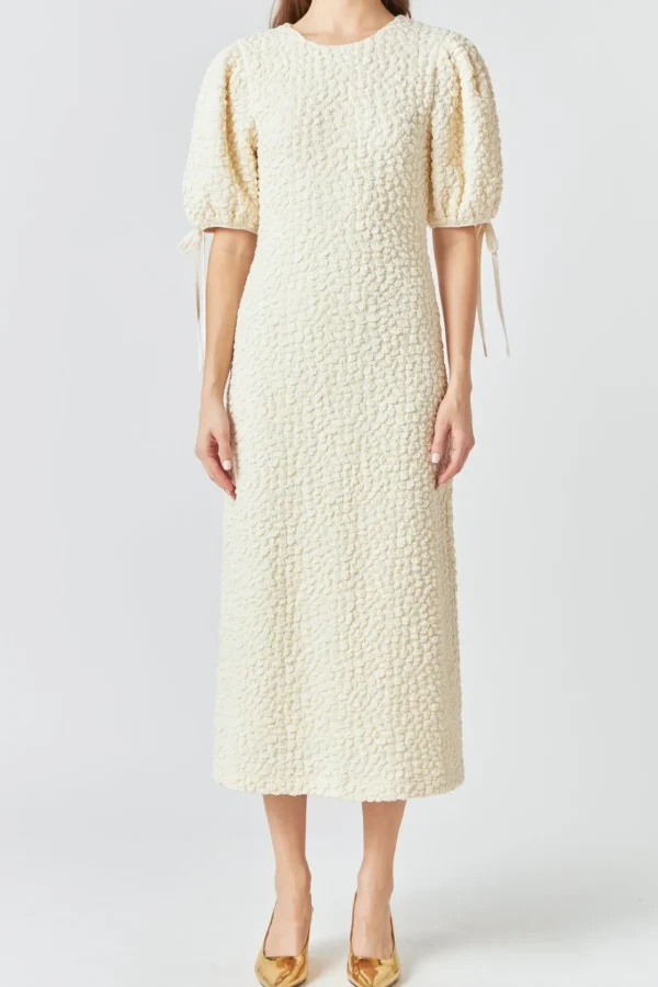 ENGLISH FACTORY Puff Sleeve | Tops*- Textured Fabric Smocked Midi Dress